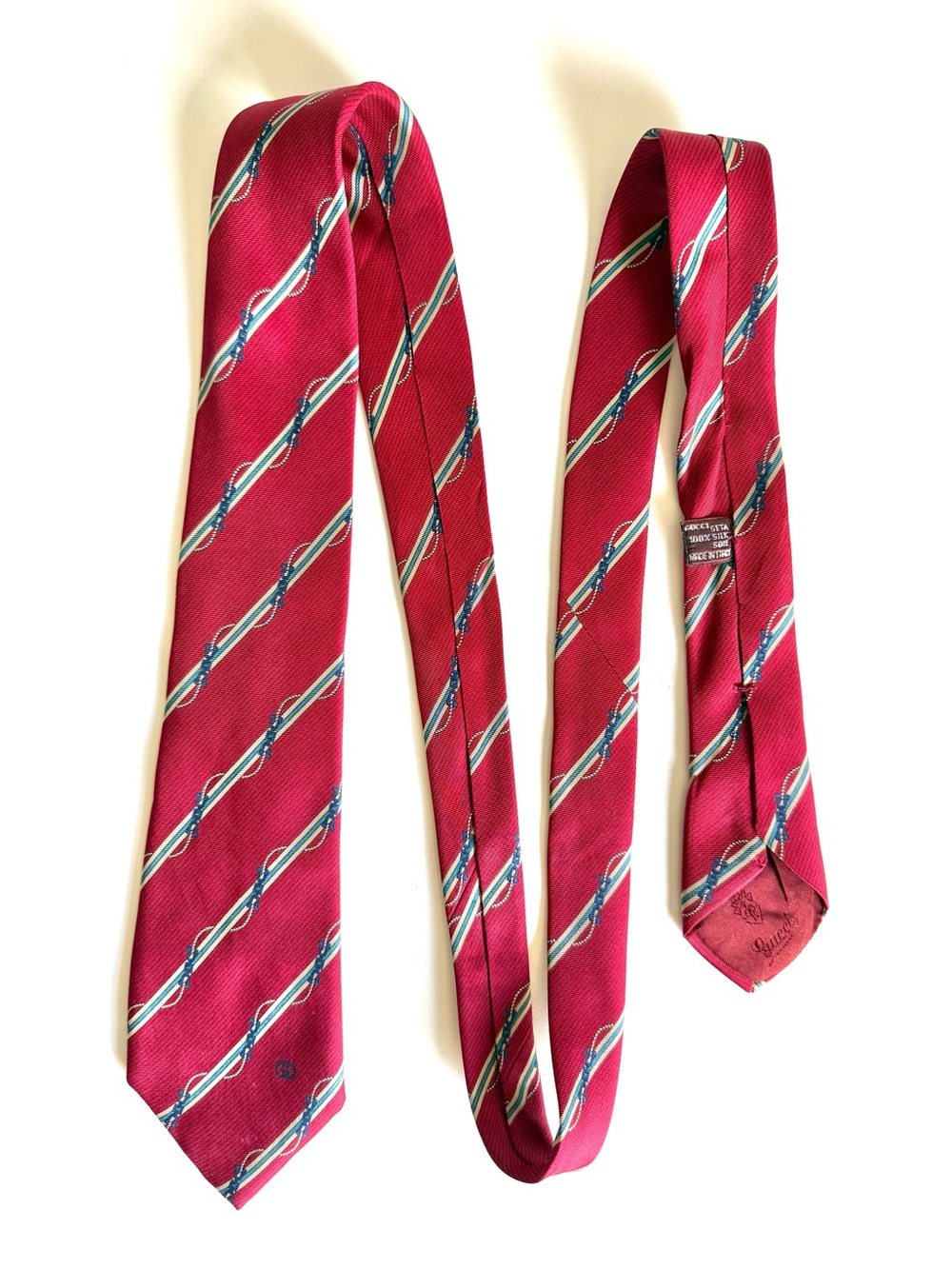 GUCCI Vintage Silk Tie Red Diagonal Stripe Nautical Rope Interlocking GG 80s